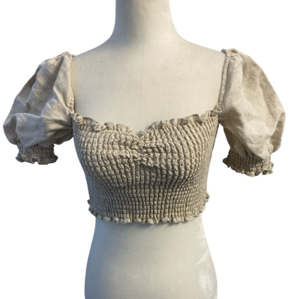 Reformation Cream Linen Square Neckline Smocked Crop Top Size Small